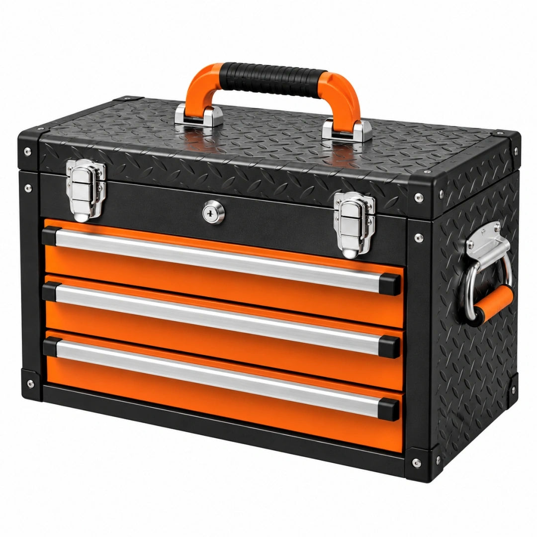 Caja de herramientas 60 x 26 x 35 cm de acero negro y naranja con 3 cajones