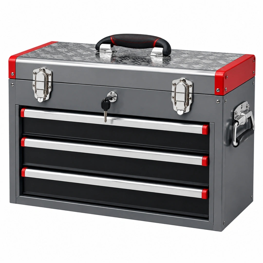 Caja de herramientas 50 x 25 x 30 cm de acero gris y rojo con 4 cajones y cierre