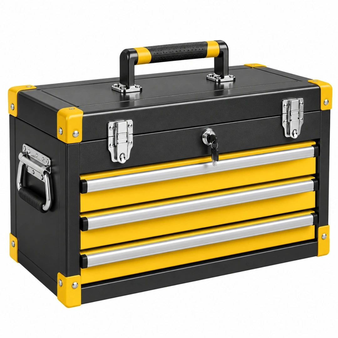 Caja de herramientas 60 x 30 x 40 cm de metal negra y amarilla con 3 cajones y cierre con llave