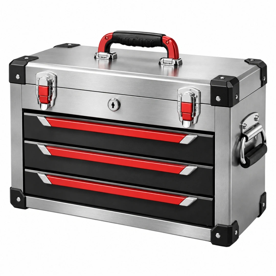 Caja de herramientas 60 x 30 x 35 cm de metal plateado y rojo con 3 cajones portátil