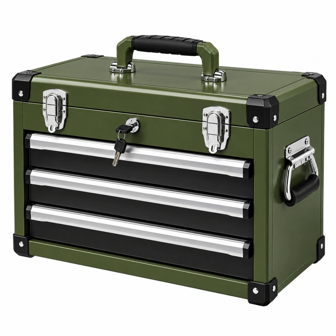 Caja de herramientas 50 x 25 x 35 cm de acero verde con 3 cajones y cierre