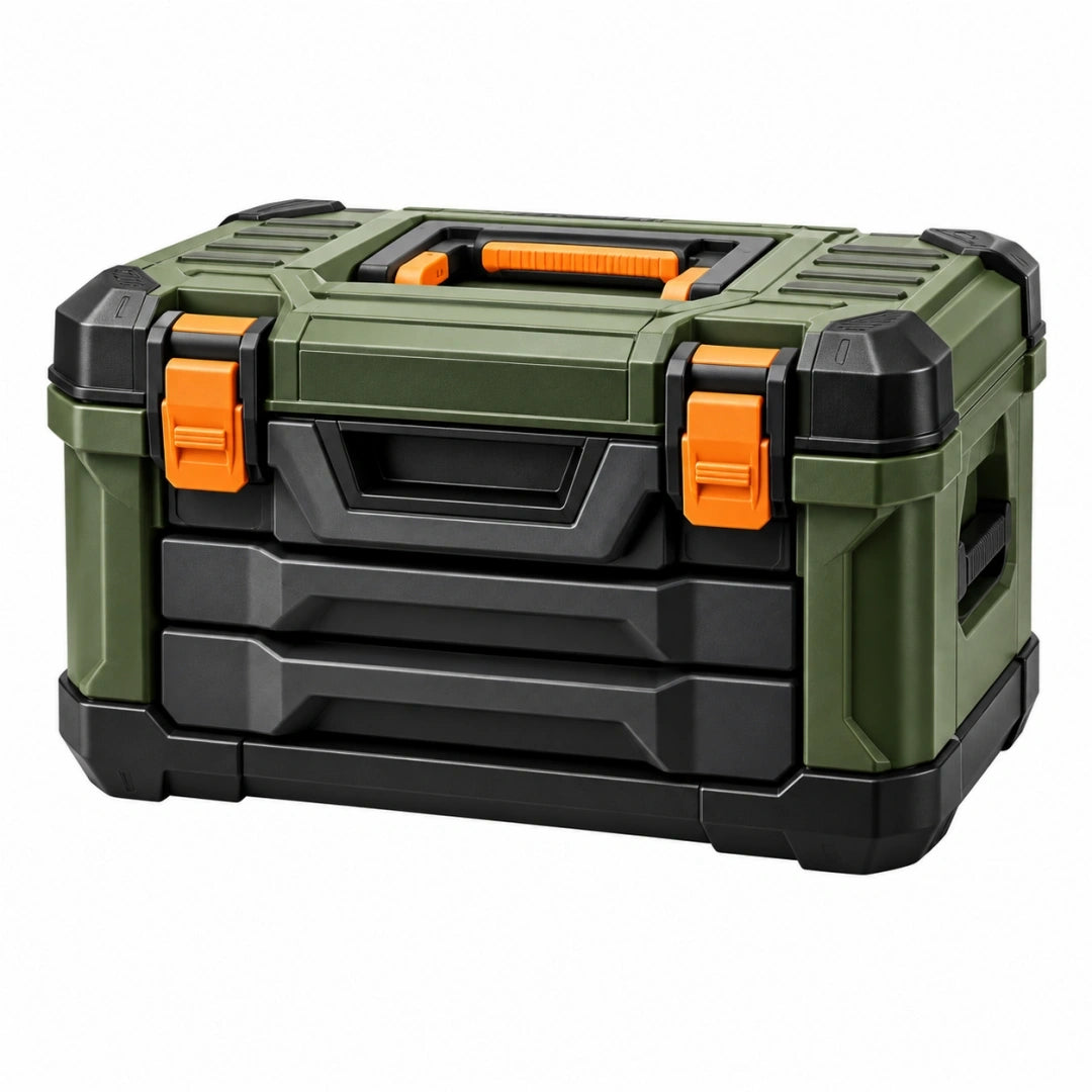 Caja de herramientas 50 x 30 x 30 cm de plástico verde y negro con cierres y asa portátil