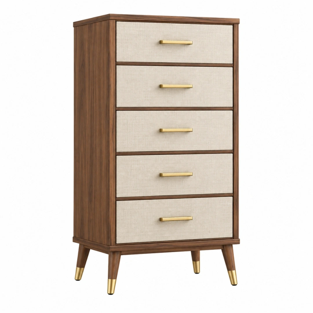 Cómoda alta 80 x 45 x 150 cm de madera marrón y blanco con 5 cajones estilo moderno