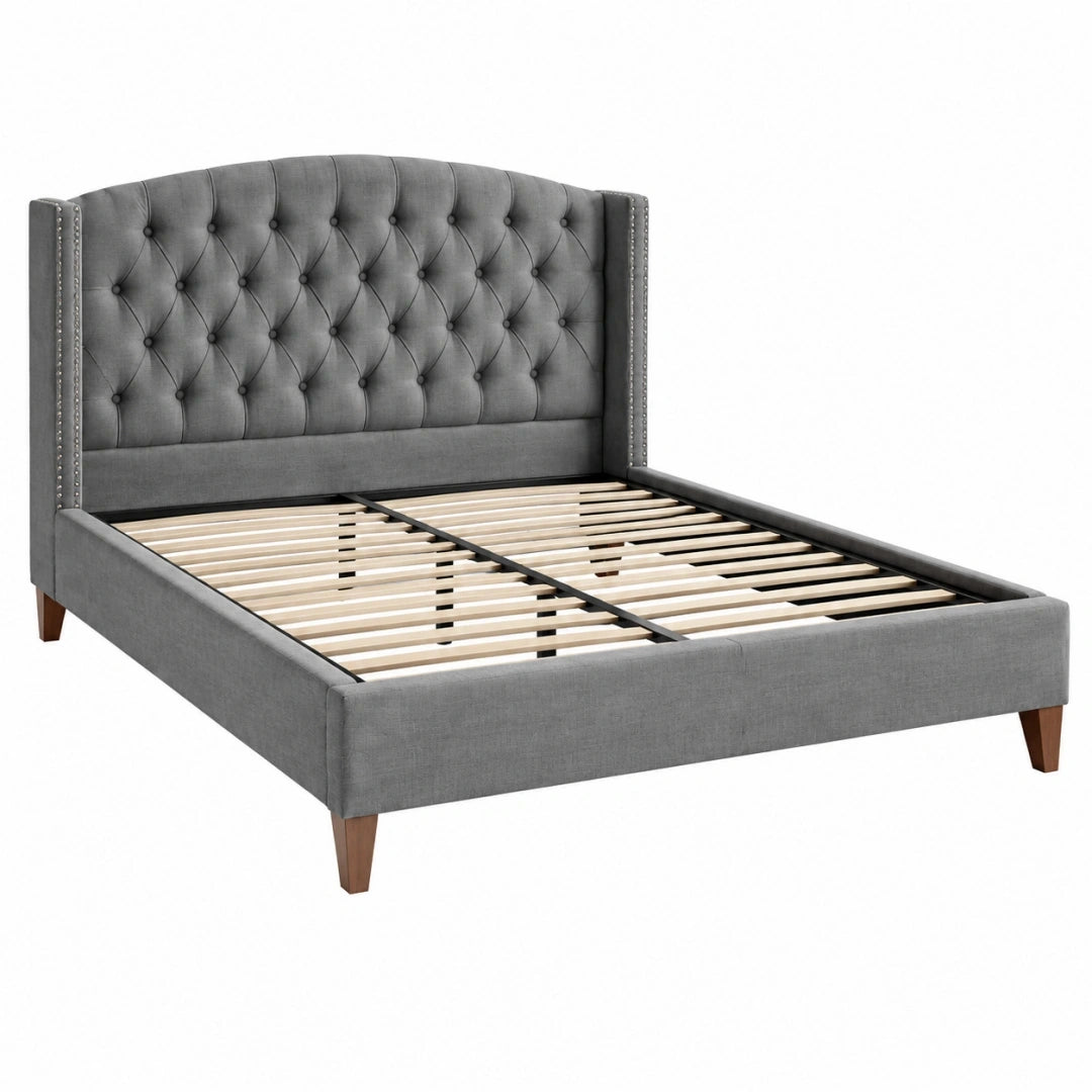 Cama doble 160 x 200 cm tapizada beige con somier de acero y cabecero acanalado