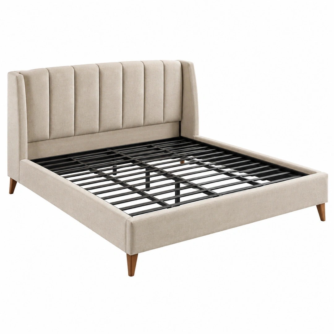 Cama 160 x 200 cm tapizada beige con madera y somier de lamas - estilo clásico