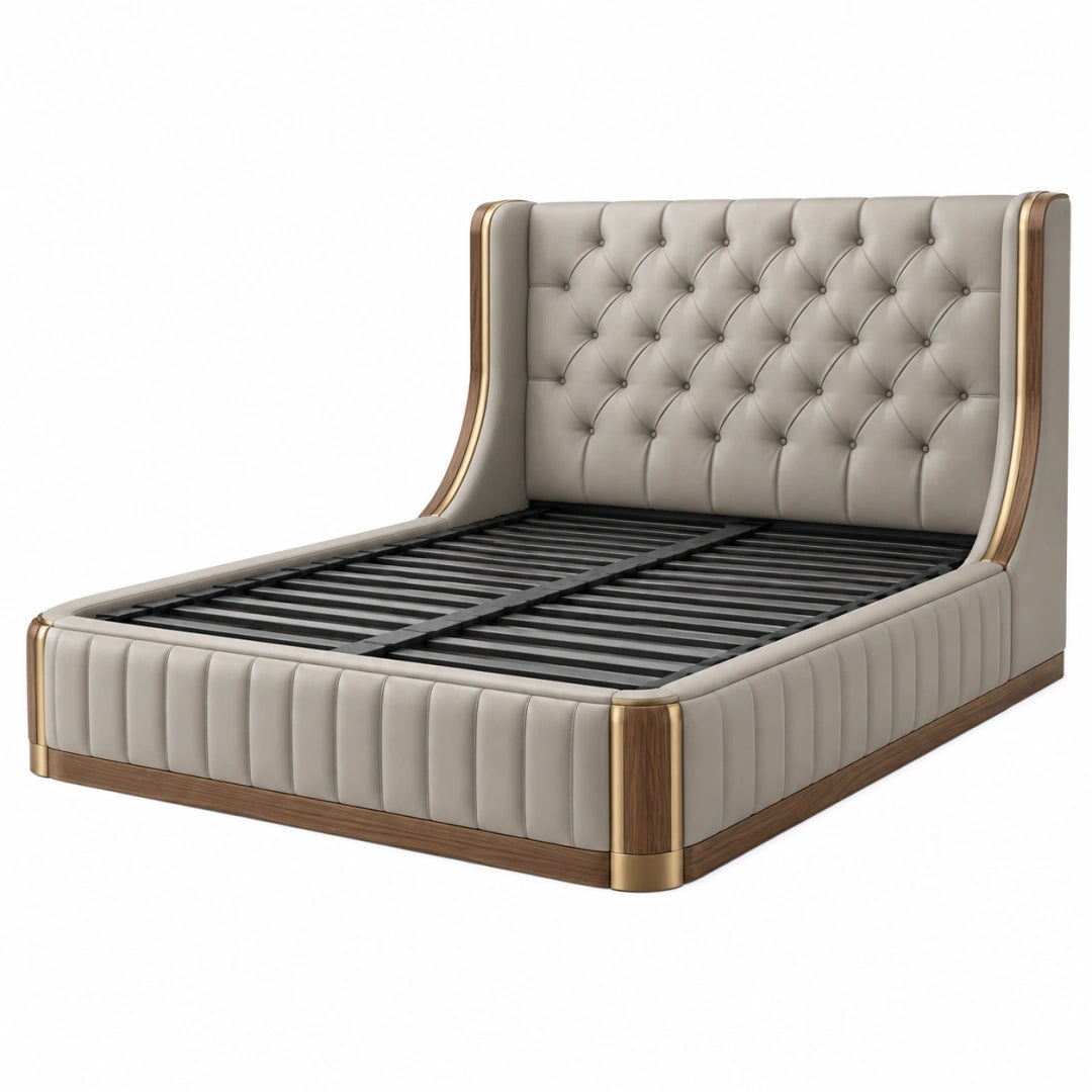 Cama tapizada 160 x 200 cm beige de tela con somier de láminas - estilo moderno