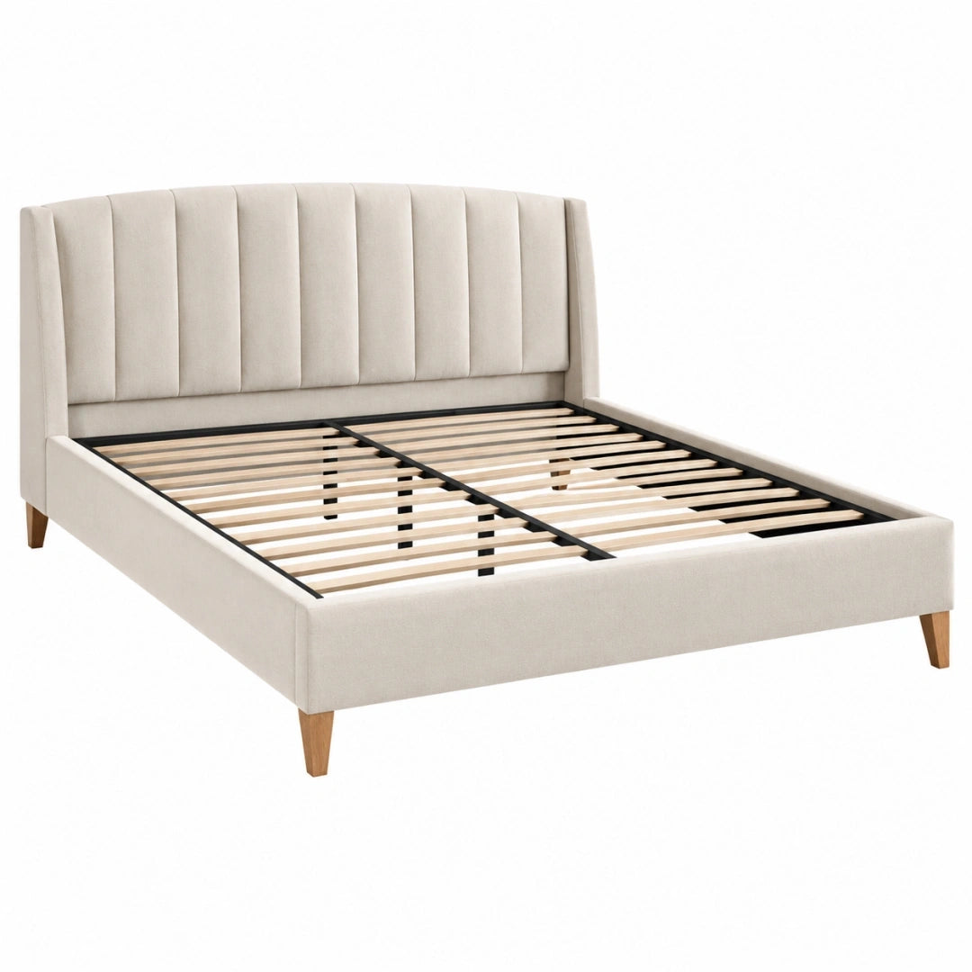 Cama 180 x 200 cm de madera marrón con cabecero tapizado beige y estantes - estilo contemporáneo