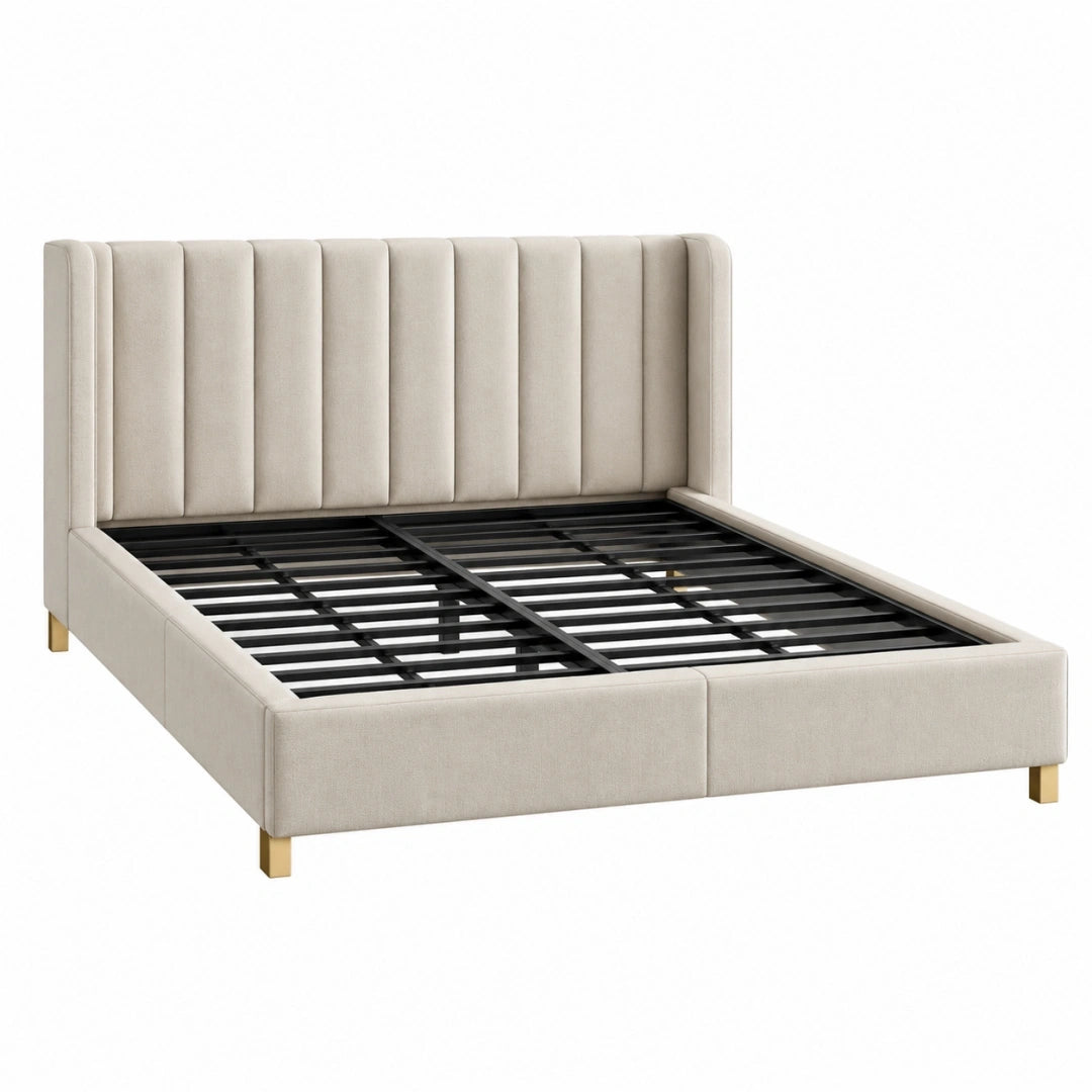 Cama de matrimonio 160 x 200 cm de madera color nogal con cabecero tapizado y estantes iluminados