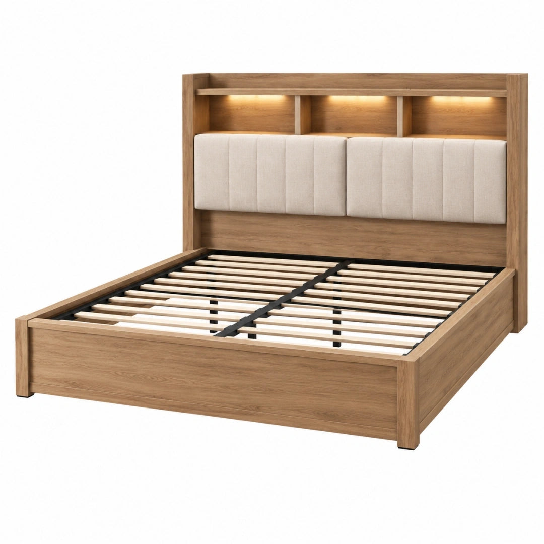 Cama 160 x 200 cm tapizada beige con cabecero acolchado y luz integrada