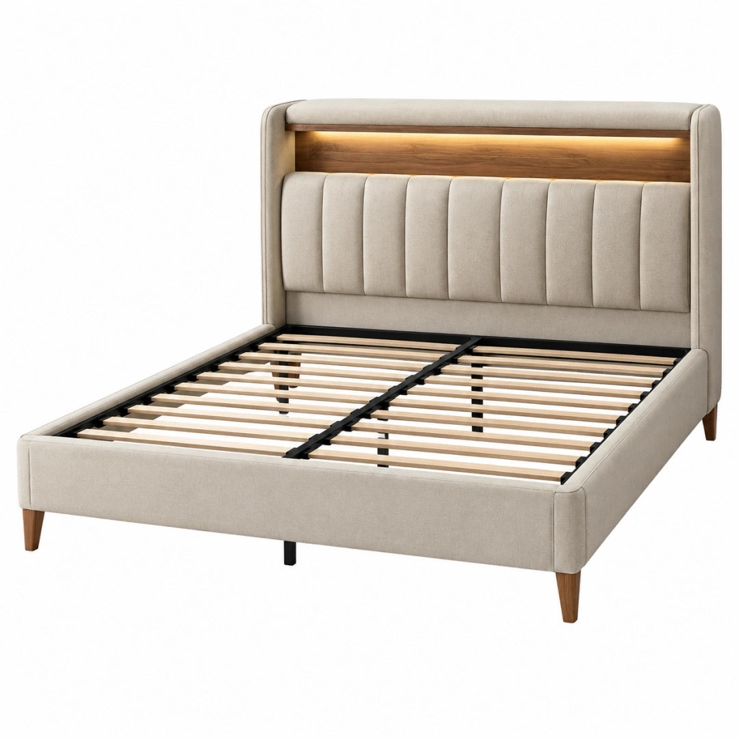Cama 160 x 200 cm tapizada verde con somier metálico estilo moderno