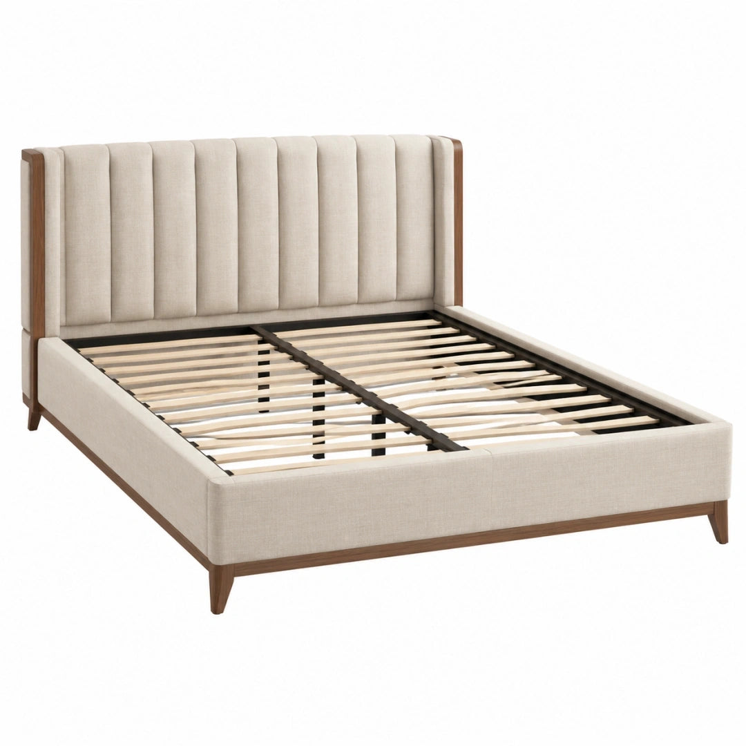 Cama doble 180 x 200 cm tapizada beige con cabecero acolchado y somier de lamas