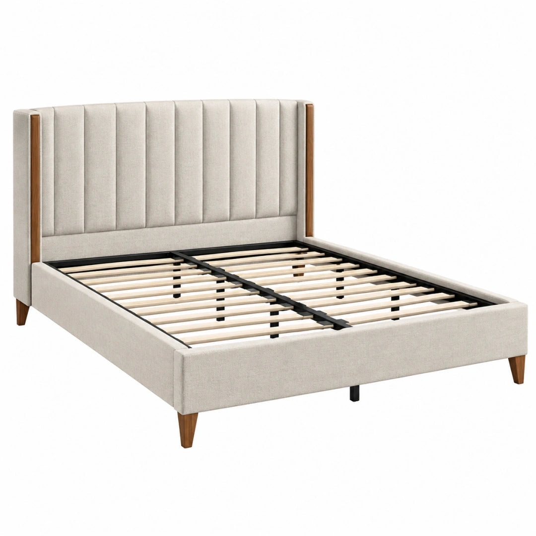 Cama tapizada 160 x 200 cm beige con somier metálico y cabecero acanalado
