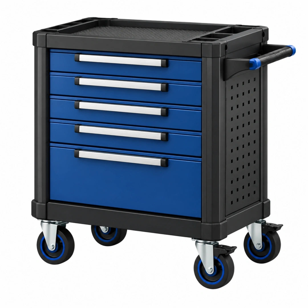 Carro de herramientas 77 x 46 x 97 cm de acero negro y verde con encimera de madera - móvil con 7 cajones