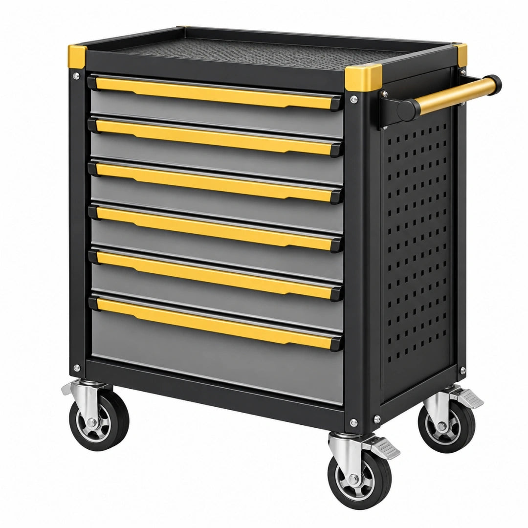 Carro de herramientas 77 x 46 x 97 cm de acero negro y amarillo con 6 cajones y ruedas