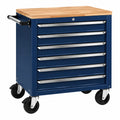 Carro de herramientas 80 cm de acero negro y azul con encimera de madera y 5 cajones móviles
