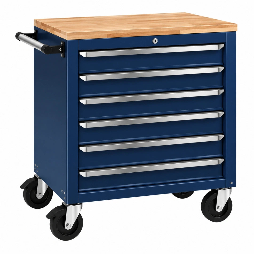 Carro de herramientas 80 cm de acero negro y azul con encimera de madera y 5 cajones móviles