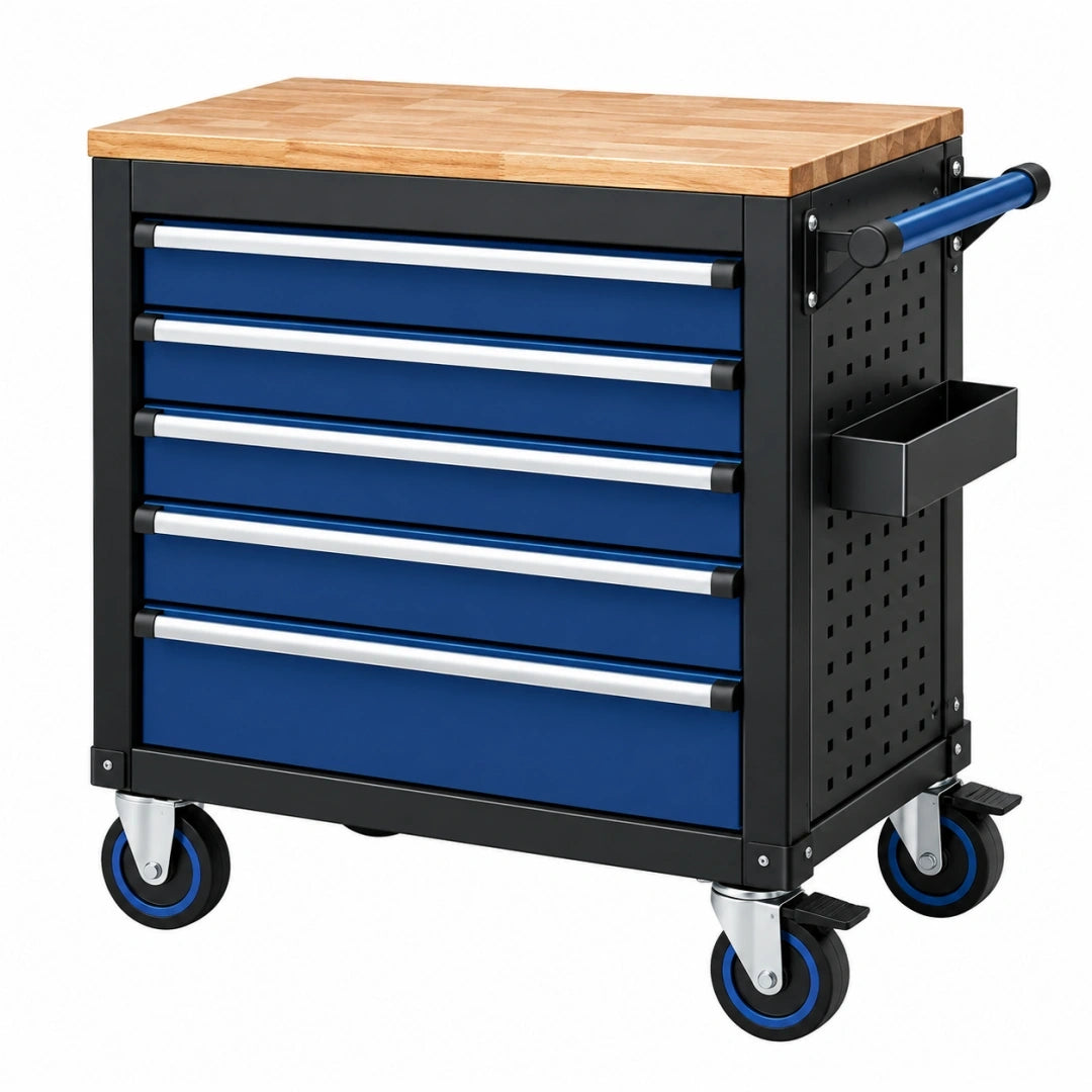 Carro de herramientas 77 x 46 x 97 cm de acero azul con encimera de madera y 5 cajones