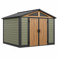 Caseta de jardín 240 x 180 x 220 cm de resina gris verde con doble puerta y techo inclinado