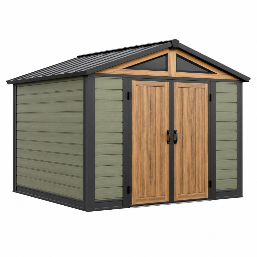 Caseta de jardín 240 x 180 x 220 cm de resina gris verde con doble puerta y techo inclinado