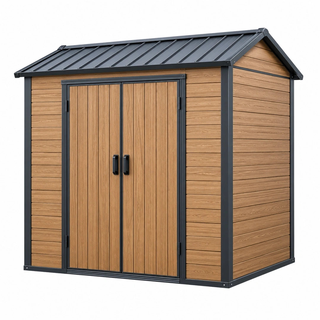 Caseta de jardín 220 x 160 x 220 cm de madera verde grisáceo con puertas dobles y techo a dos aguas