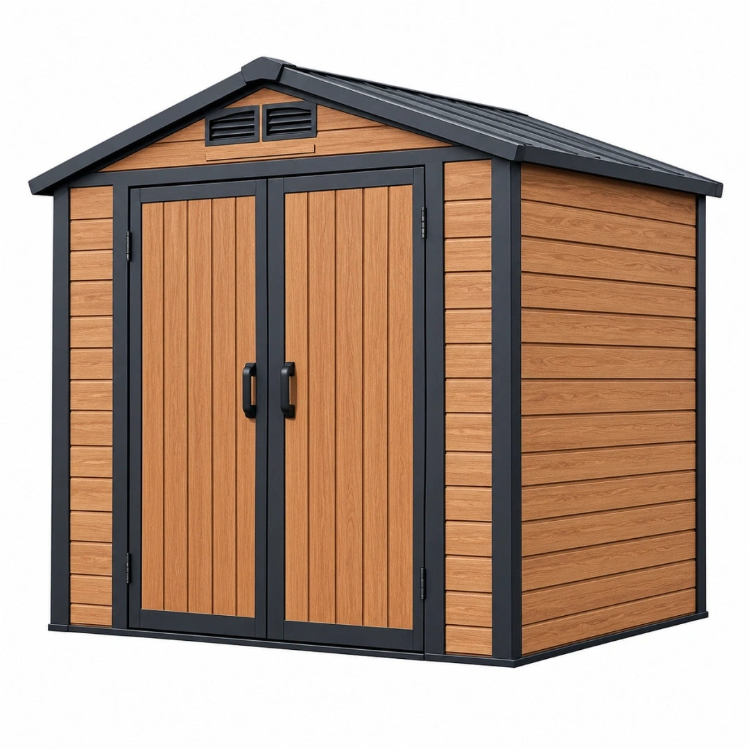 Caseta de jardín 200 x 150 x 210 cm de madera marrón y metal gris antracita con doble puerta